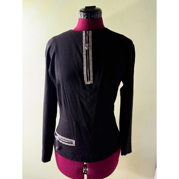 Vintage 1930s Black Crepe Top Blouse Rhinestone Embellished Size S - Picture 5 of 16